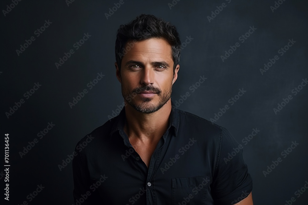 Portrait of a handsome man in a black shirt. Men's beauty, fashion.