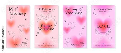 Valentines Day greeting banner templates in 90s style.Romantic vector illustrations in y2k aesthetic with linear shapes,blurred hearts,sparkles.Modern designs for smm,invitations,prints,promo offers.