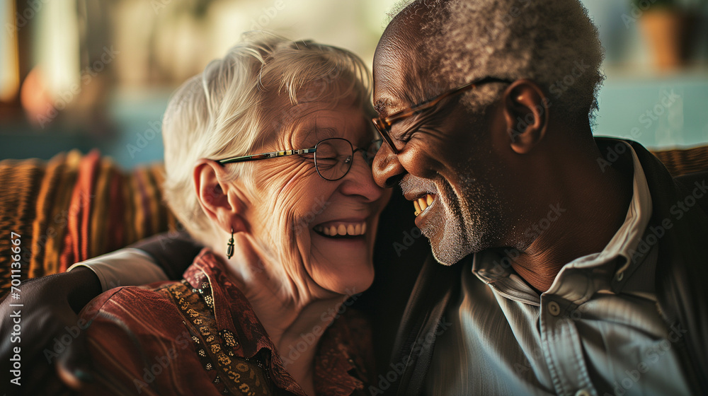 Happy elderly interracial senior couple smiling and embracing on the sofa