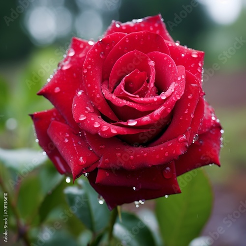 Close-up of a red rose with glistening raindrops on the petals  set against a backdrop of lush greenery. The vibrant colors and clear droplets make for a captivating and fresh nature image. 1 1