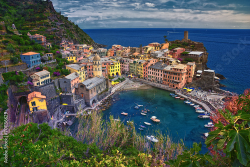 Cinque Terre views from hiking trails of seaside villages on the Italian Riviera coastline. Liguria  Italy  Europe. 2023 Summer. 