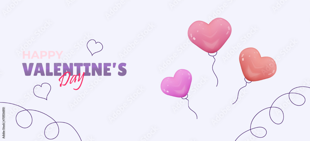 Happy Valentine's day. Hearts balloons. Love concept. Pink heart and typography of happy valentines day. Valentine holiday text design with rose color doodle heart for wallpaper, flyer, invitation