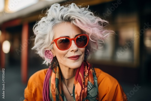 Portrait of a beautiful senior woman in sunglasses with pink hair.