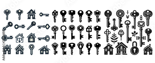 Key icon set. House key black silhouette collection.