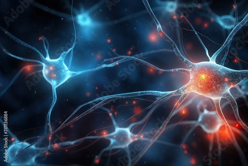 Neurones interconnected, human brain neuronal firing. 3D rendered illustration of neurons. Generative AI