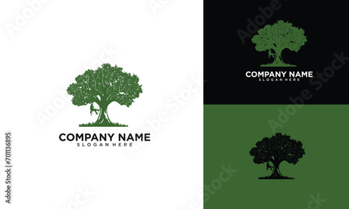 Tree cutting design for tree service, Arborist Tree Service logo design, Vector Illustration of a Man Cutting a Tree
