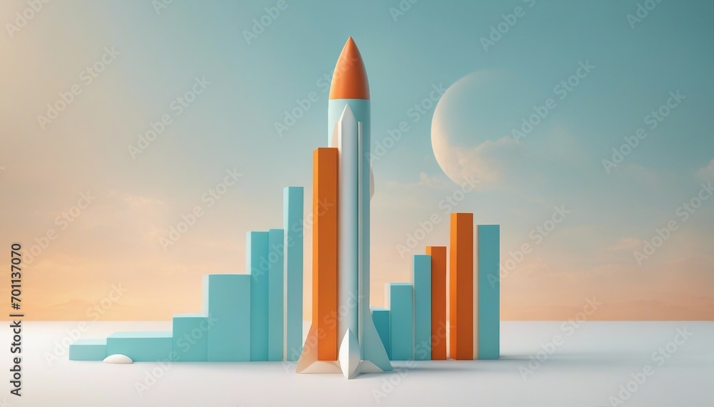 3D Illustrated Rocket and Growth Chart against Pastel Sky 3D Illustrated Rocket and Growth Chart against Pastel Sky