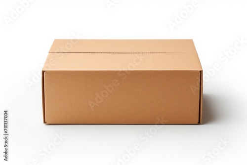 Empty cardboard box with blank label, on a solid white background, both flaps of the lid open and splayed out,