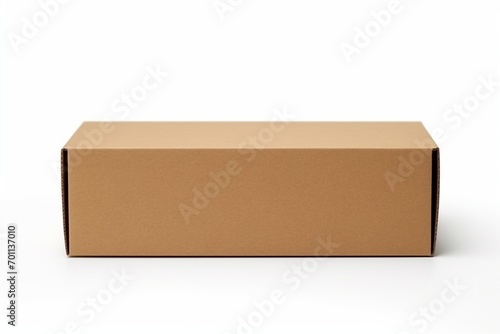 Empty cardboard box with blank label, on a solid white background, one side of the lid completely detached, © Hanzala