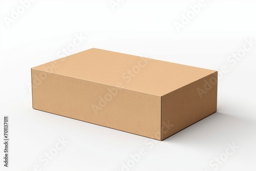 Empty cardboard box with blank label, on a solid white background, lid bent back at a sharp angle, © Hanzala