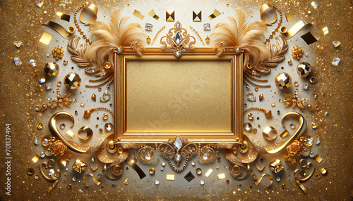 The image features a lavish golden ornament with a central cartouche, surrounded by scrolls, pearls, and sparkling details on a background that mimics a shimmering and luxurious surface.