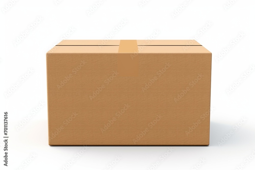 Empty cardboard box with blank label, on a solid white background, lid partially detached, - obrazy, fototapety, plakaty 