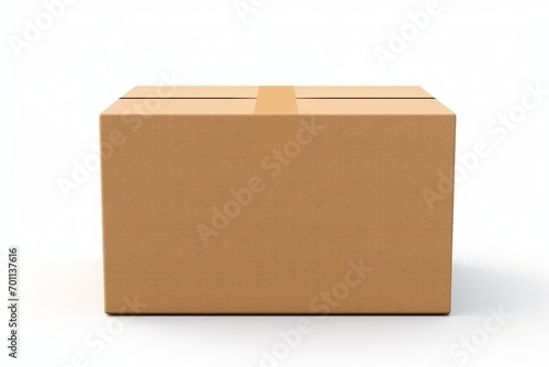 Empty cardboard box with blank label, on a solid white background, lid partially detached, photo