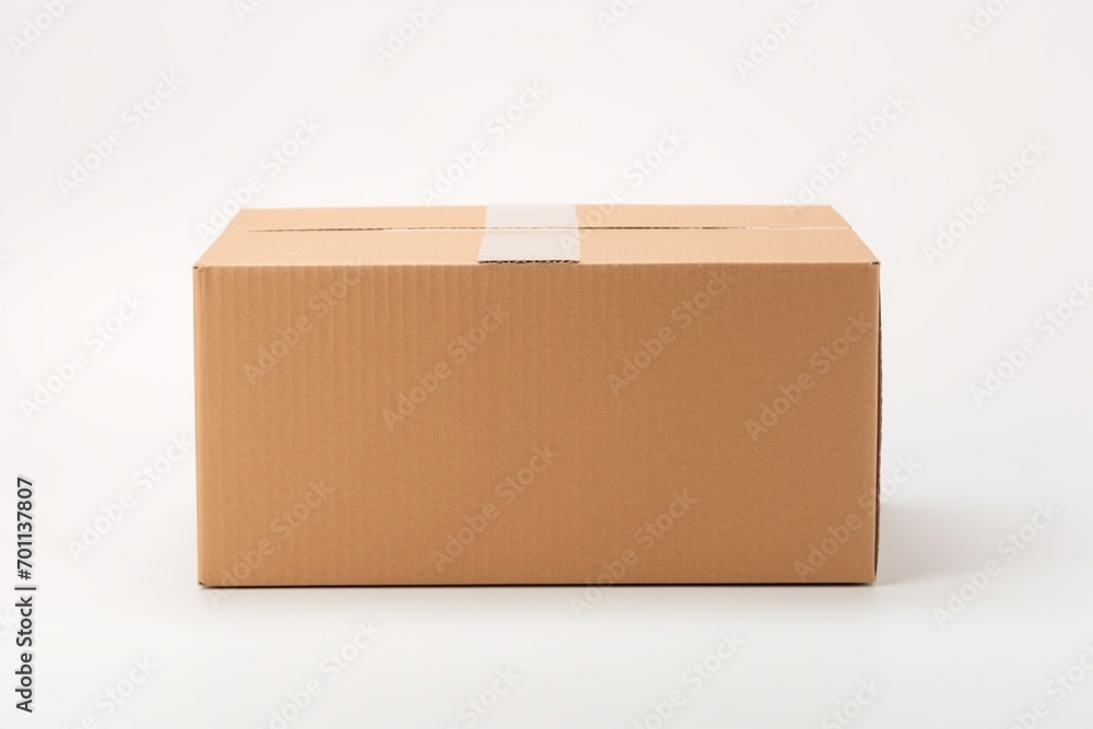 Empty cardboard box with blank label, on a solid white background, box ...