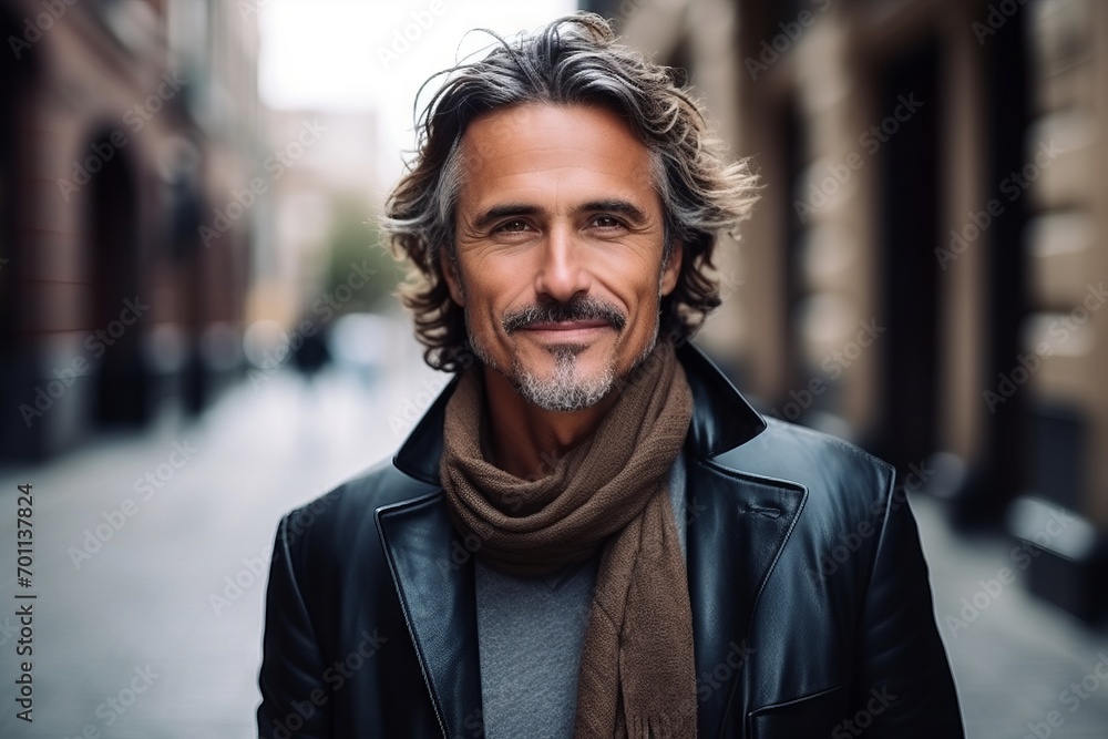 Portrait of a handsome middle-aged man in a leather jacket and a scarf Portrait of a handsome middle-aged man in a leather jacket and a scarf