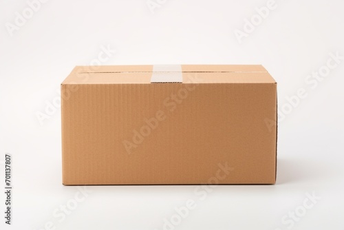 Empty cardboard box with blank label, on a solid white background, box with the lid completely removed, © Hanzala