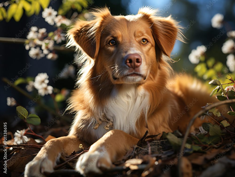 Dog sits relaxed surrounded by white blossoms and greenery under a tranquil, sunlit setting.