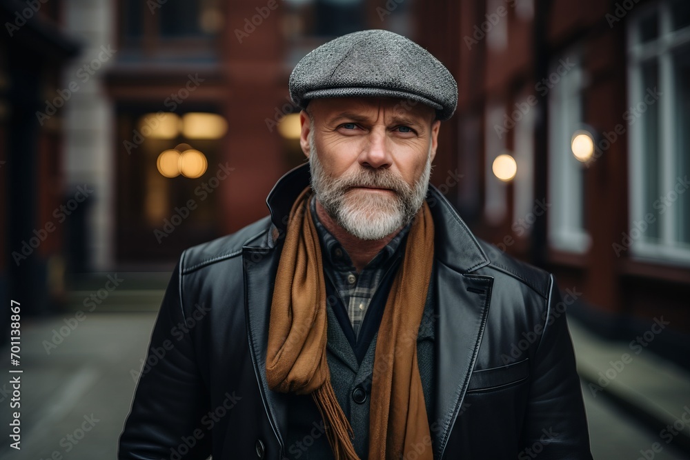 Portrait of an old man with a gray beard in a black leather jacket and a cap on a city street. Portrait of an old man with a gray beard in a black leather jacket and a cap on a city street.