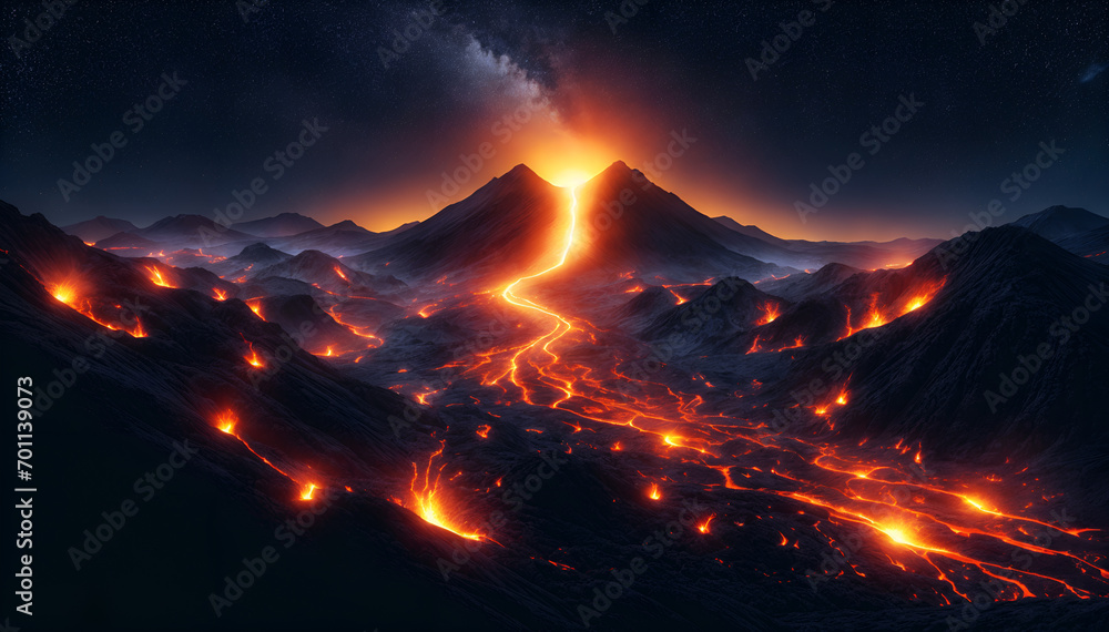 Glowing Lava Flow at Night