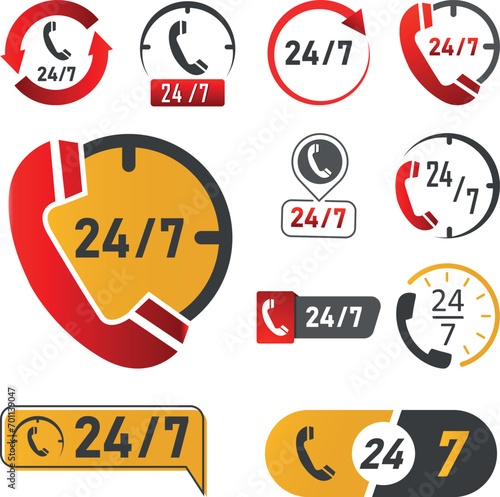Servicehotline, 24 Stunden und 7 Tage, Rund um die Uhr, Support, technicher Service - Icon, Button Set