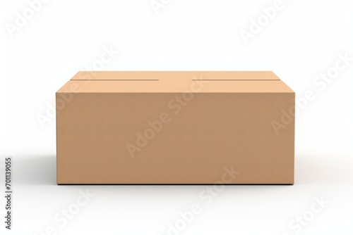 Single empty cardboard box with blank label, on a solid white background, lid opened and forming a flat surface, © Hanzala