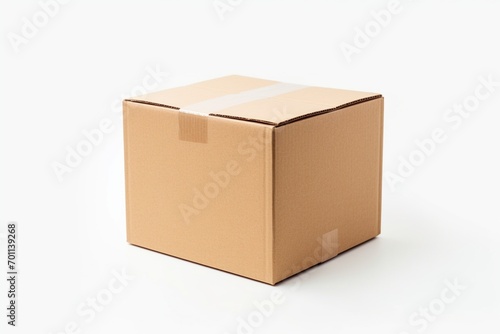 Compact, open cardboard box for Bluetooth devices, empty with blank label, on a solid white background, clear-cut and unembellished,