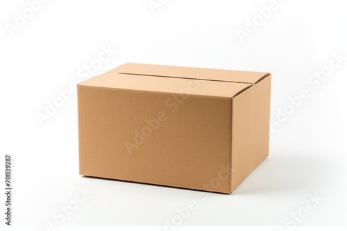 Compact, open cardboard box for Bluetooth devices, empty with blank label, on a solid white background, clear-cut and unembellished, © Hanzala