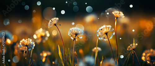 Illuminated dandelions stand out against a dark background with a bokeh effect, creating a tranquil and magical ambiance.