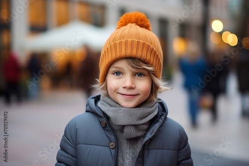Portrait of a cute little boy with hat and scarf in the city