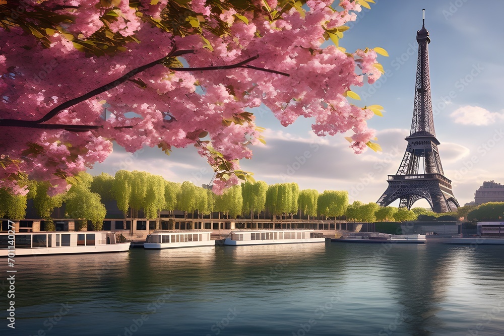 Obraz premium Landscape picture of Eiffel tower and cherry blossoms