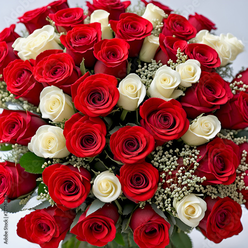 Bouquet of red and white roses with gypsophila Paniculata