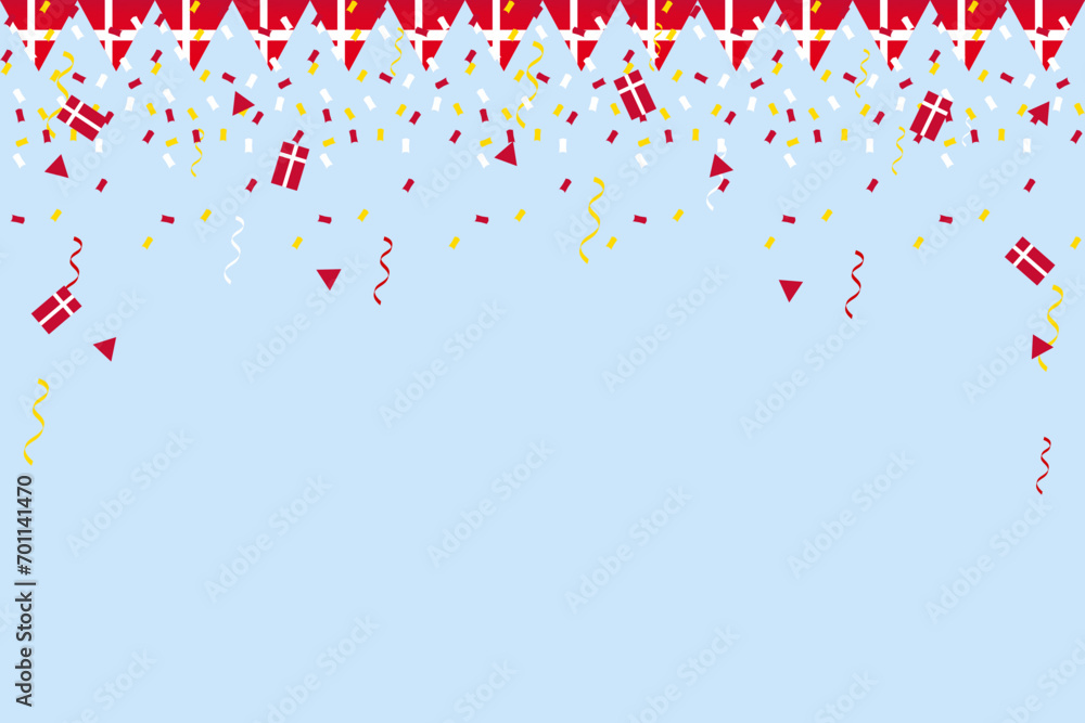 Denmark flag bunting coronation king with confetti  ribbon crown frame border background banner for decoration celebration parade ceremony party vector illustration - obrazy, fototapety, plakaty 