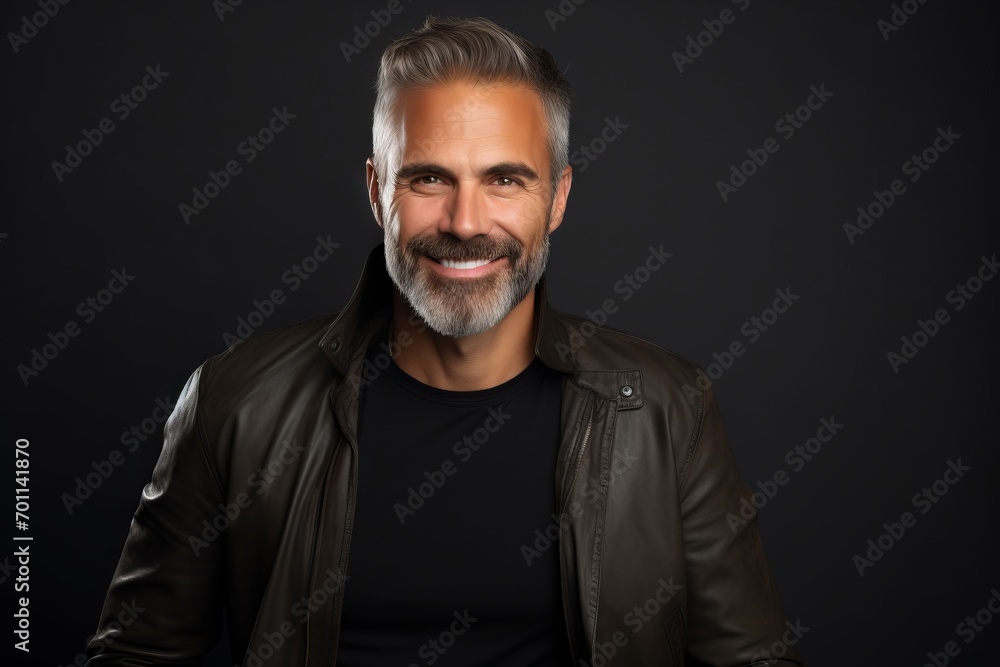 Portrait of handsome mature man in leather jacket on dark background. Portrait of handsome mature man in leather jacket on dark background.