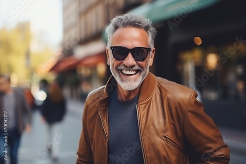 Portrait of a smiling senior man in sunglasses on a city street
