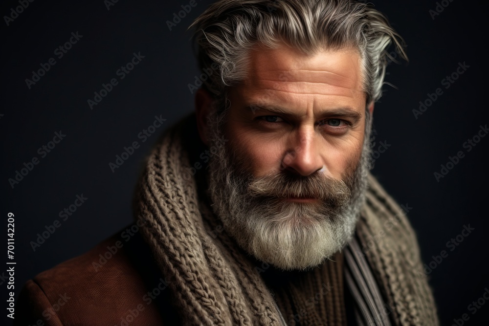 Portrait of a handsome mature man with gray hair and beard.