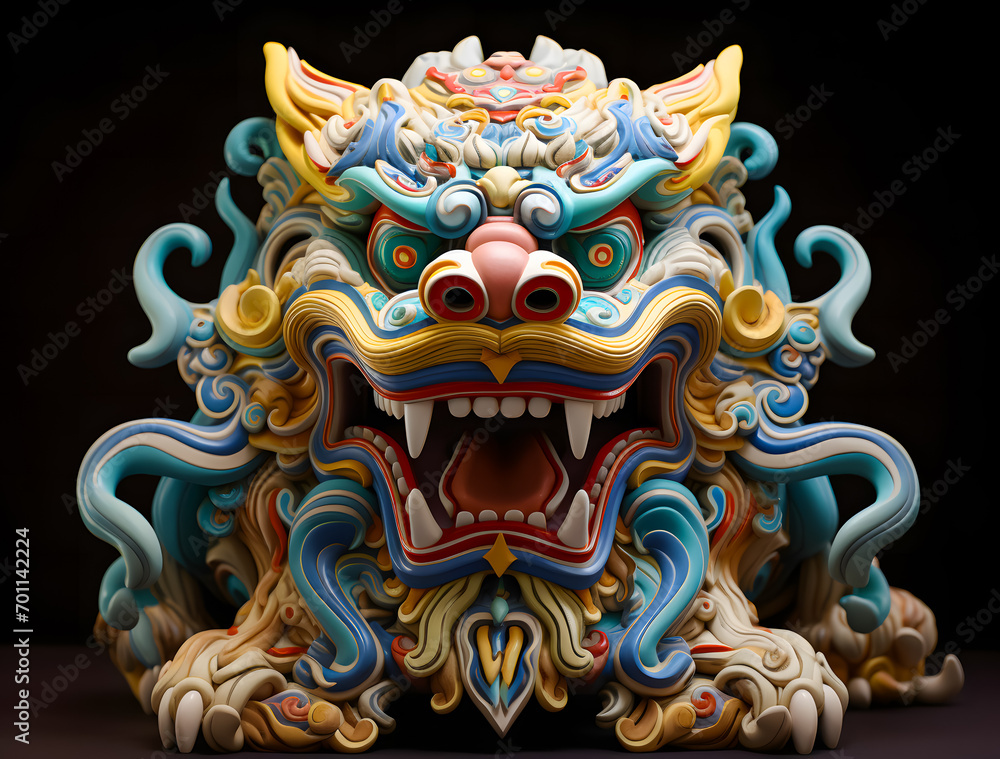 Naklejka premium 3D Chinese dragon lion statue on light background. Chinese new year concept. 3D rendering
