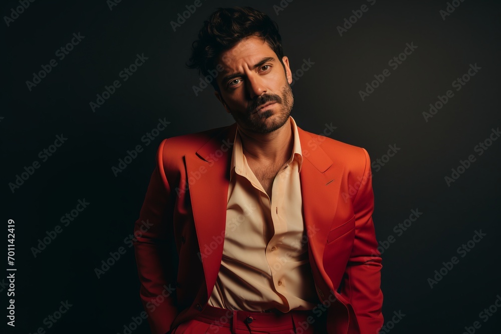 Portrait of a handsome man in a red suit. Studio shot.