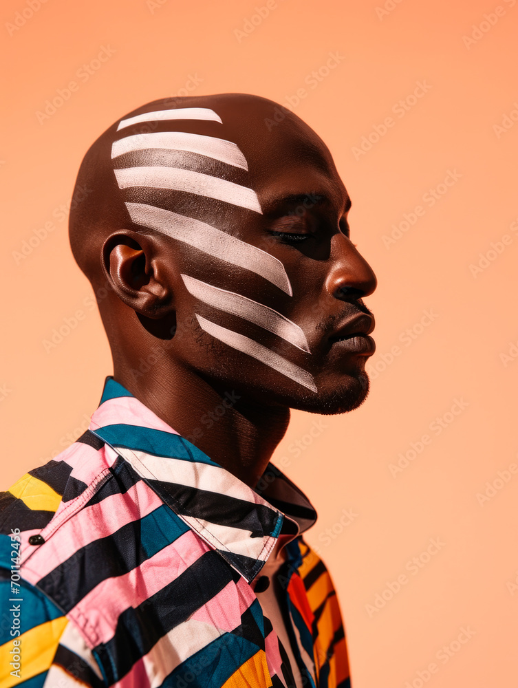 black man with white stripes painted on his face