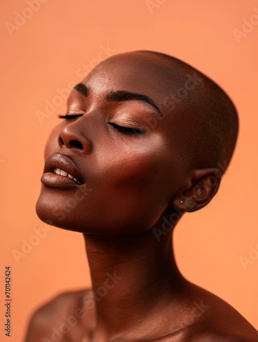 portrait beautiful black woman with eyes closed in studio