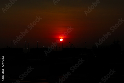 Hazy sky and eerie sunset from the Canadian wildfire 2023 at Chicago Ohare