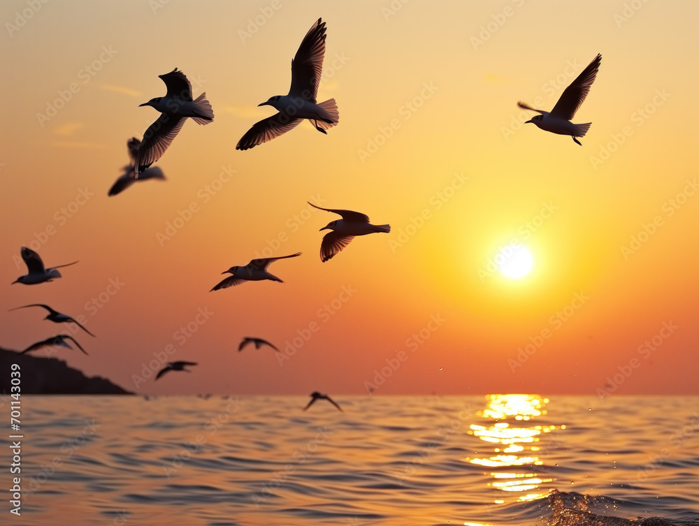 Sunset over the sea, birds gracefully soar against the sunlight-filled sky
