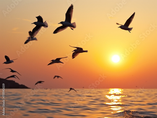 Sunset over the sea, birds gracefully soar against the sunlight-filled sky © aka_artiom