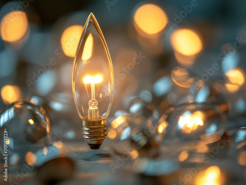 A glowing incandescent bulb stands out among turned off ones, symbolizing innovation and leadership