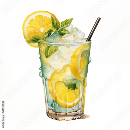 Lemonade ice in a glass with watercolor painting art style. 