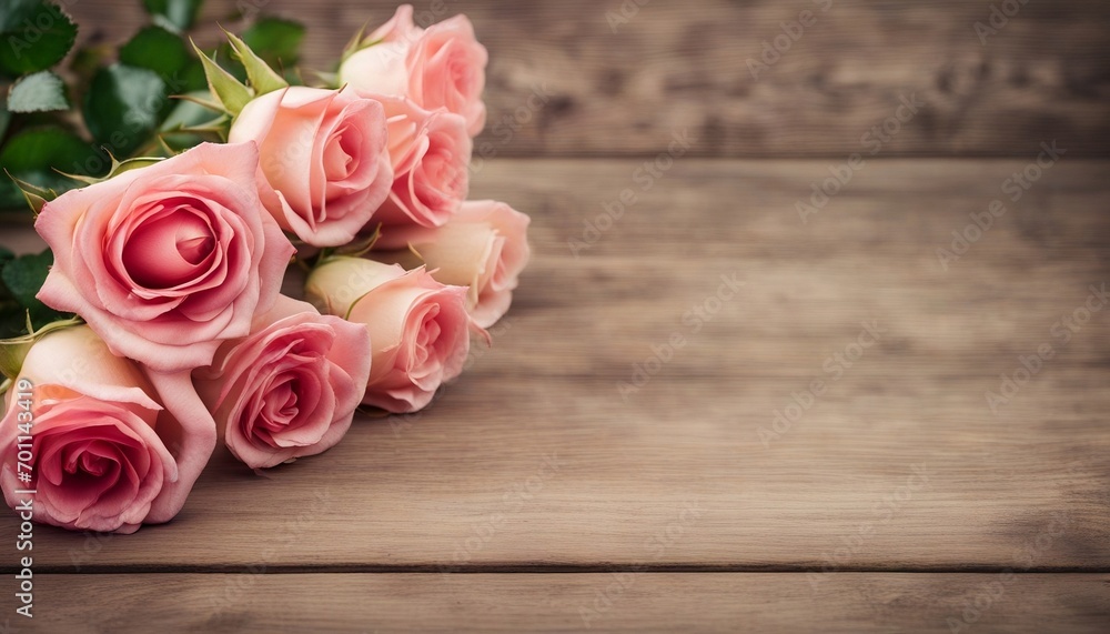 Pink roses on a wooden surface. Background. Generative ai. Pink roses on a wooden surface. Background. Generative ai.