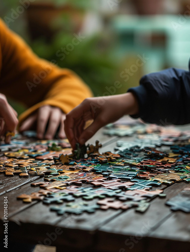 A Photo of a Parent and Teenager Working on a Puzzle Together on a Rainy Day