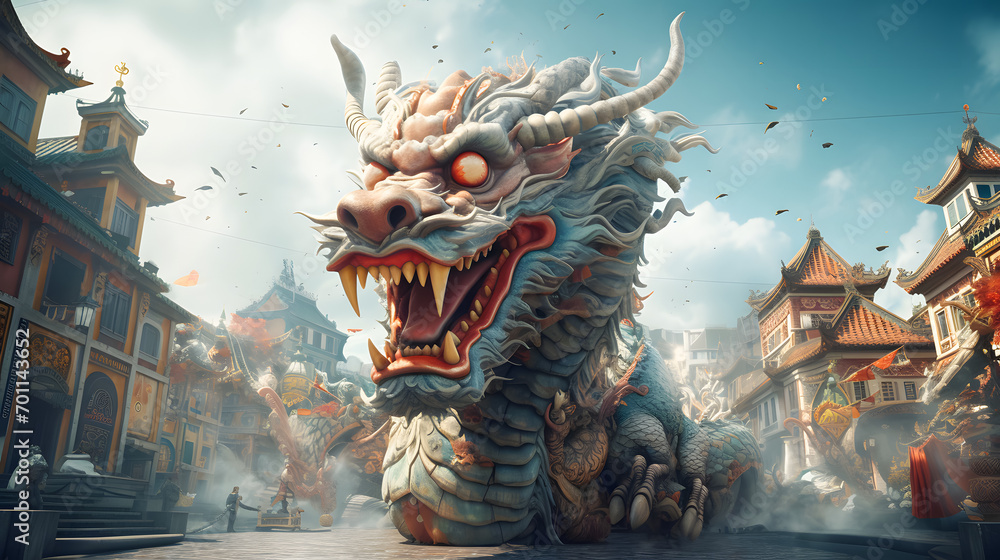 Obraz premium 3D chinese dragon on the street in the city while chinese new year festival. Chinese Dragon Background