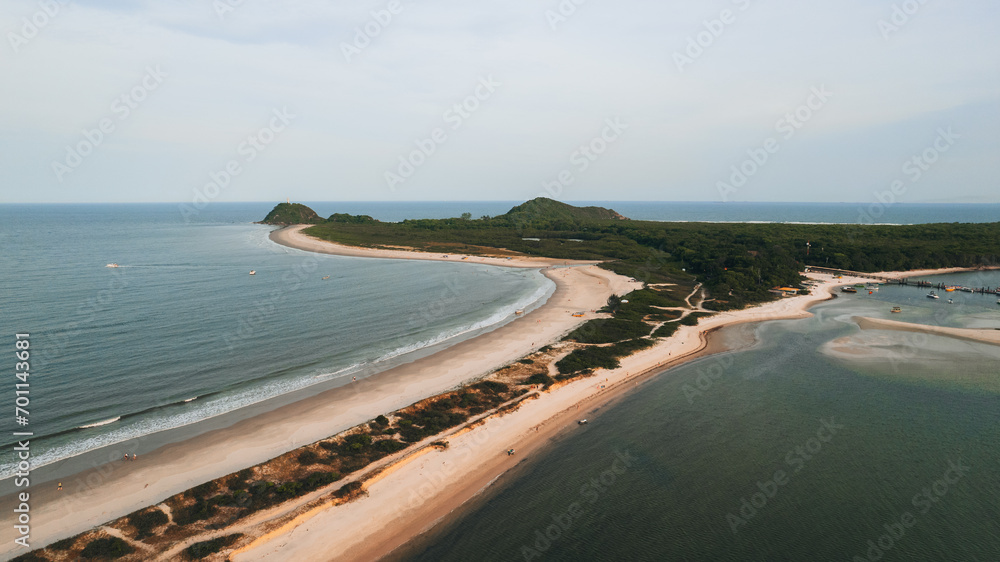 Ilha do Mel - Paraná. Aerial view of the Conchas lighthouse and beaches of Ilha do Mel