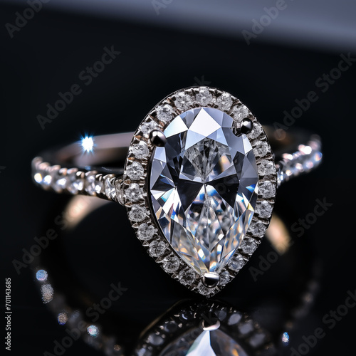 Stunning Blend of Modern and Traditional Engagement Ring with A Simple Pear Cut (Tear Shaped 2.5 Carat Diamond) with a floating halo band and halo frame of tiny diamonds surrounding the center diamond