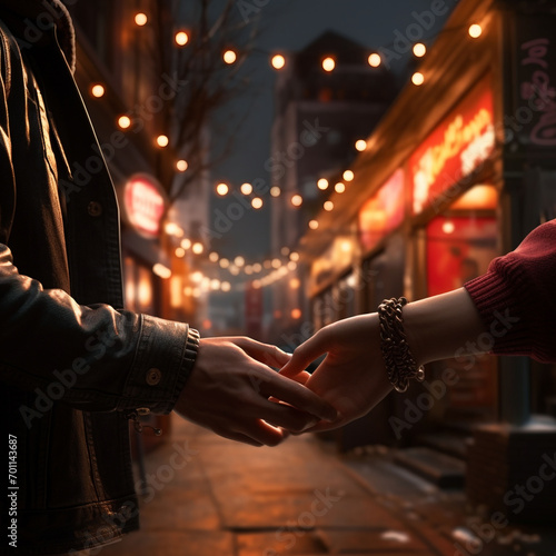 A mand and woman reaching to hold hands and clasp fingers on a date night in a tiny, well-light street photo